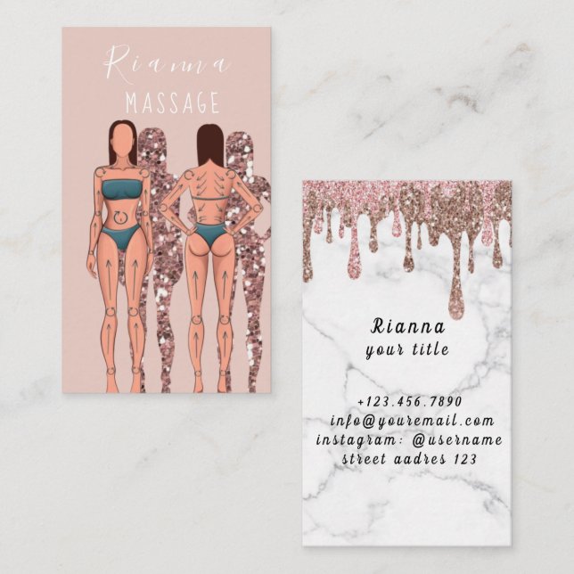 Pink & Rose Gold Brushed Metal Massage Therapist B Business Card (Front/Back)