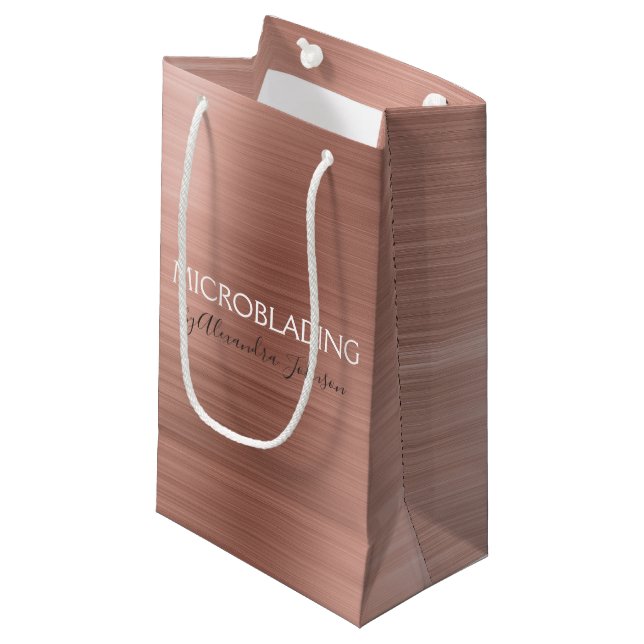 Pink & Rose Gold Brushed Metal Microblading Small Gift Bag (Front Angled)