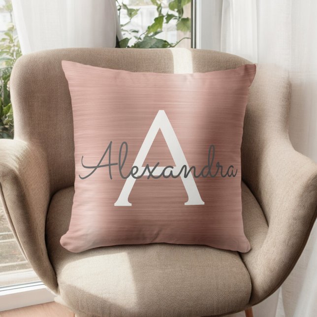 Pink Rose Gold Brushed Metal Monogram Name Cushion (Creator Uploaded)