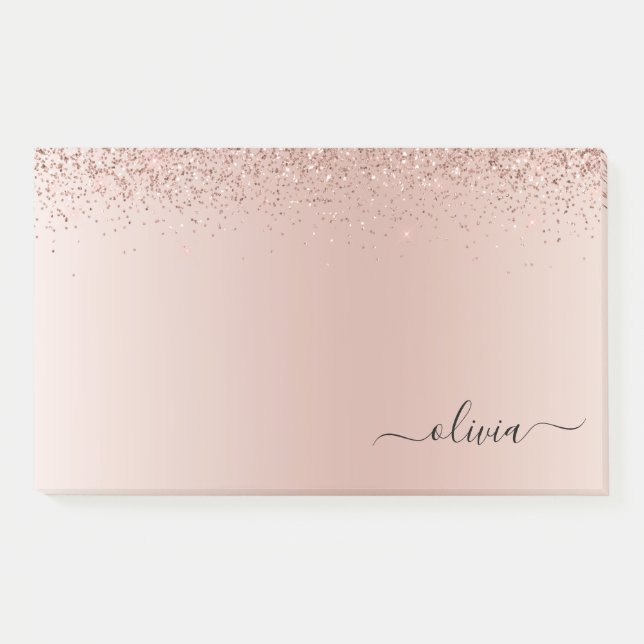 Pink Rose Gold Brushed Metal Monogram Name Post-it Notes (Front)