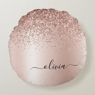 Pink Rose Gold Brushed Metal Monogram Name Round Cushion