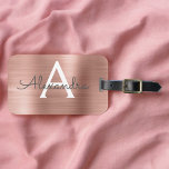 Pink Rose Gold Brushed Metal Script Monogram Cute  Luggage Tag<br><div class="desc">Rose Gold } Blush Pink Brushed Metal Foil Monogram Name and Initial Luggage Tag. This bag tag is perfect for Back to School,  Work,  or Travelling.</div>