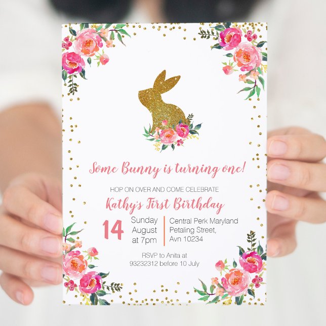 Pink Rose Gold Bunny Birthday Floral Invitation (Creator Uploaded)