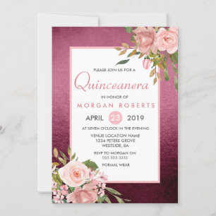 Pink Rose Gold Burgundy Floral Quinceanera Invite