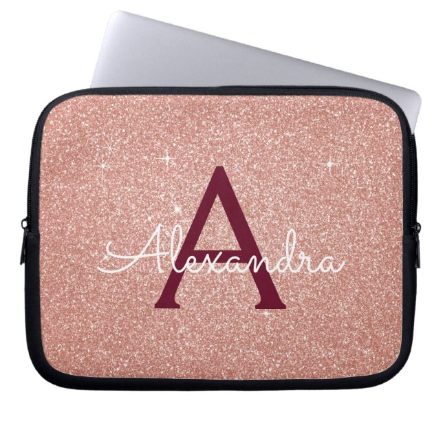 Pink Rose Gold Burgundy Glitter Sparkle Monogram Laptop Sleeve (Front)