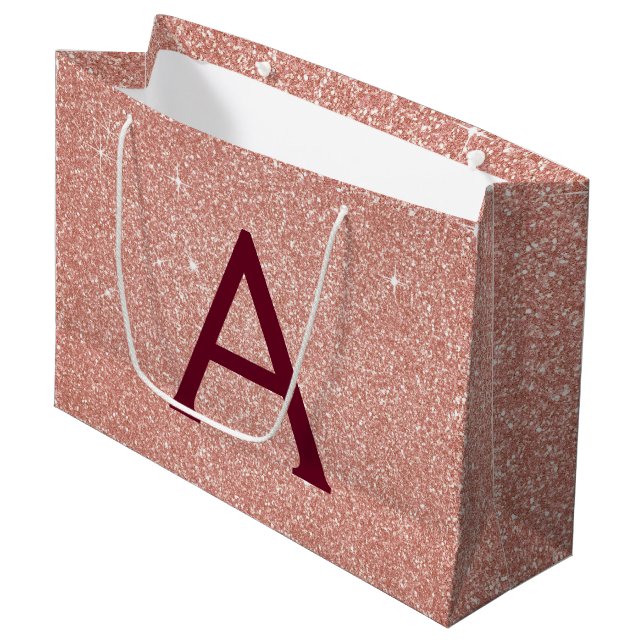 Pink Rose Gold Burgundy Glitter Sparkle Monogram Large Gift Bag (Front Angled)