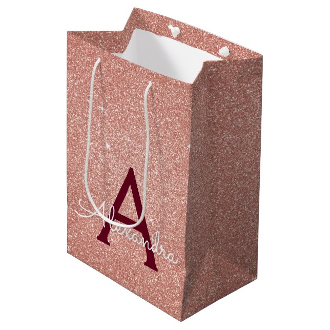 Pink Rose Gold Burgundy Glitter Sparkle Monogram Medium Gift Bag (Front Angled)