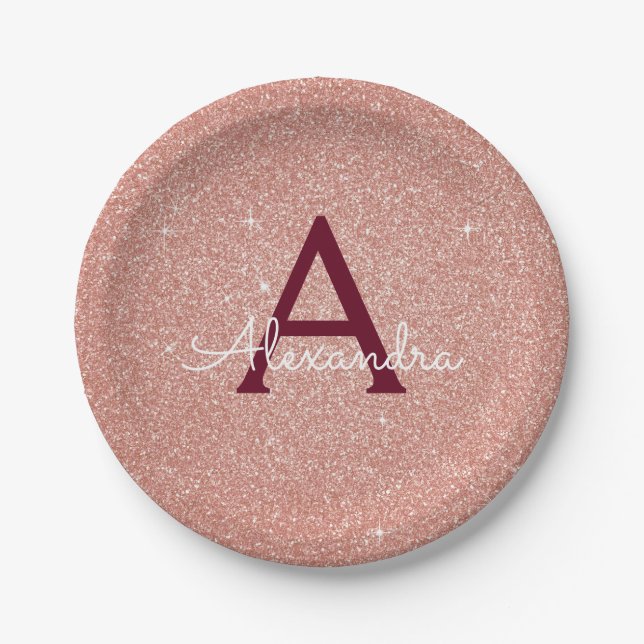 Pink Rose Gold Burgundy Glitter Sparkle Monogram Paper Plate (Front)