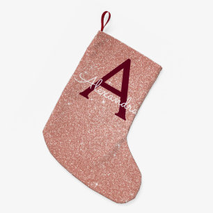 Pink Rose Gold Burgundy Glitter Sparkle Monogram Small Christmas Stocking