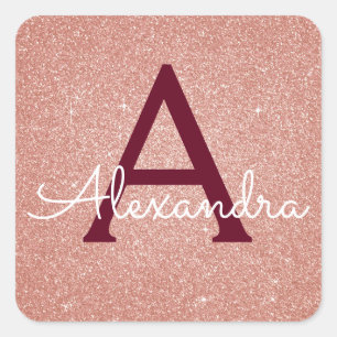 Pink Rose Gold Burgundy Glitter Sparkle Monogram Square Sticker