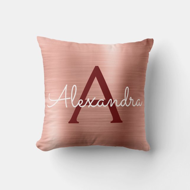 Pink Rose Gold Burgundy Metallic Monogram Name Cushion (Front)