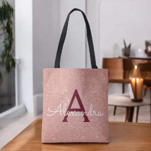 Pink Rose Gold Burgundy Sparkle Elegant Monogram Tote Bag