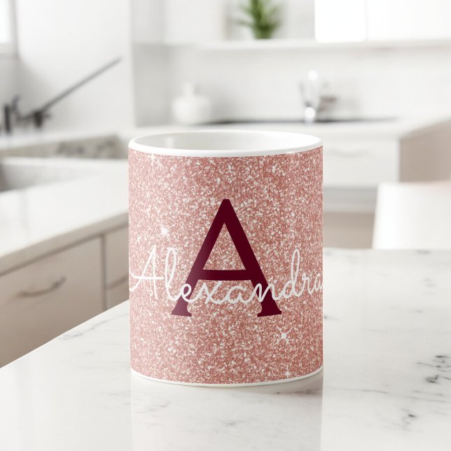 Pink Rose Gold Burgundy Sparkle Glitter Monogram Coffee Mug (Creator Uploaded)