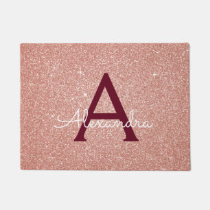 Pink Rose Gold Burgundy Sparkle Glitter Monogram Doormat