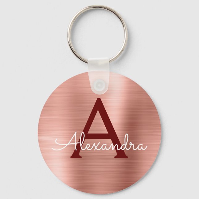 Pink Rose Gold Burgundy Stainless Steel Monogram Key Ring (Front)