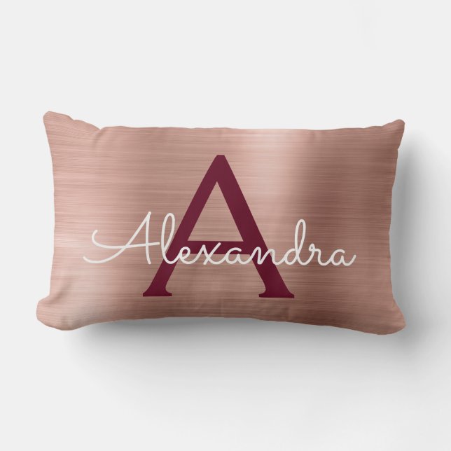 Pink Rose Gold Burgundy Stainless Steel Monogram Lumbar Cushion (Front)