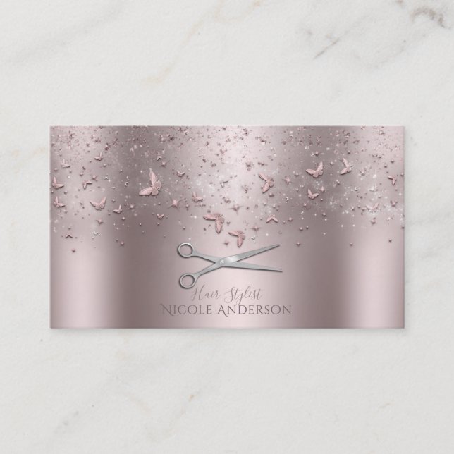 Pink Rose Gold Butterflies Silver Scissors Stylist Business Card (Front)