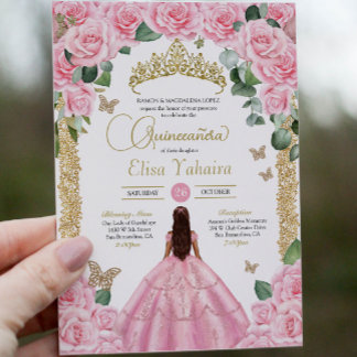 Pink Rose & Gold Butterfly Quinceanera Invitation
