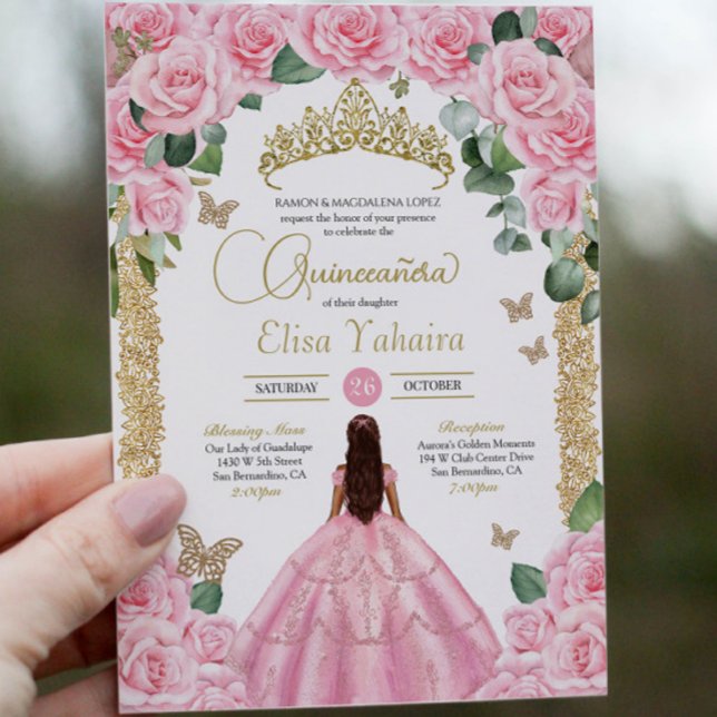 Pink Rose & Gold Butterfly Quinceanera Invitation (Creator Uploaded)