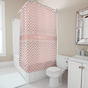 Pink Rose Gold Chevron Pattern Monogrammed Name Shower Curtain