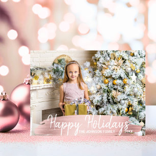 Pink Rose Gold Christmas Happy Holidays Family Holiday Postcard