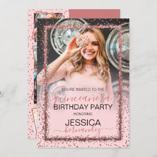 Pink Rose Gold Confetti Border Photo Quinceañera Invitation