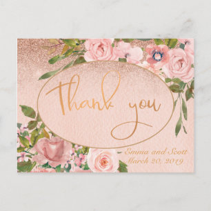 Pink Rose Gold Copper Thank you Wedding Floral Postcard