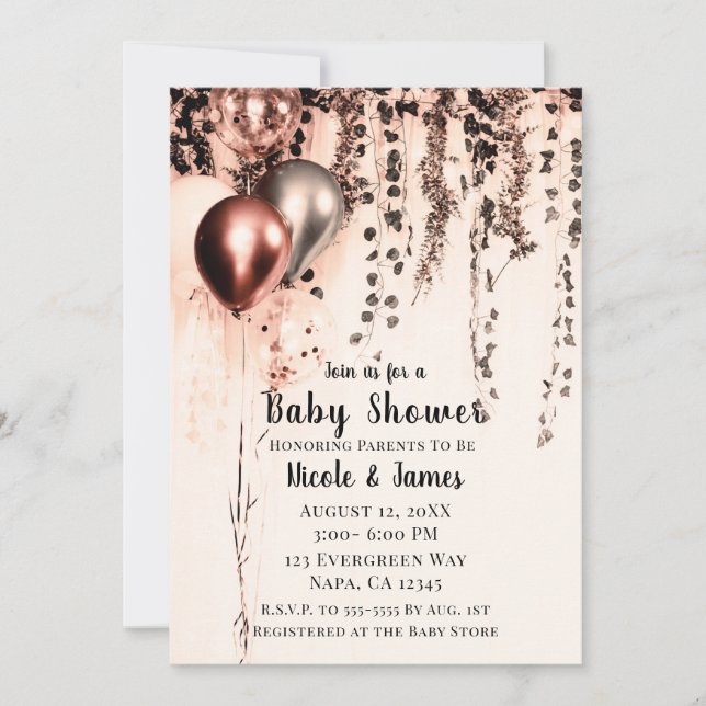 Pink Rose Gold Cream Metallic Balloons Baby Shower Invitation (Front)
