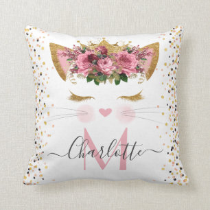 Pink rose gold cute cat princess monogram cushion
