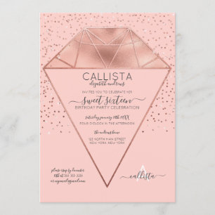 Pink Rose Gold Diamond Confetti Glitter Sweet 16 Invitation