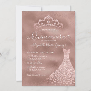 Pink Rose Gold Diamond Tiara Dress Quinceanera Invitation