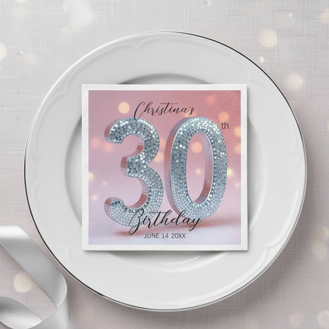 Pink & Rose Gold Disco Ball Sparkle 30th Birthday Napkin (Creator Uploaded)