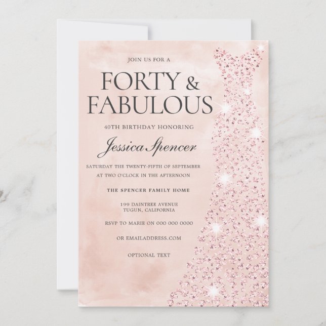 Pink Rose Gold Dress 40 & Fabulous 40th Birthday Invitation (Front)