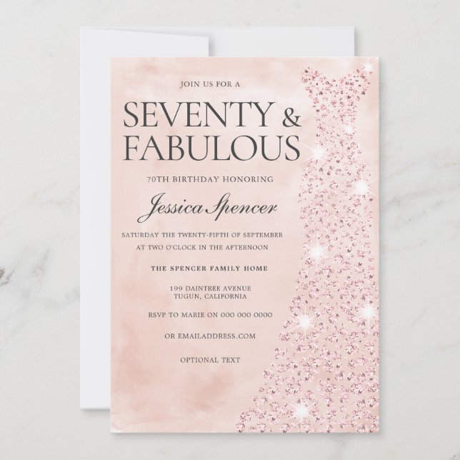 Pink Rose Gold Dress 70 & Fabulous 70th Birthday Invitation (Front)