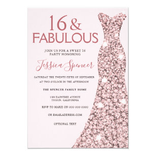Pink Rose Gold Dress Sweet 16 Birthday Party Invitation