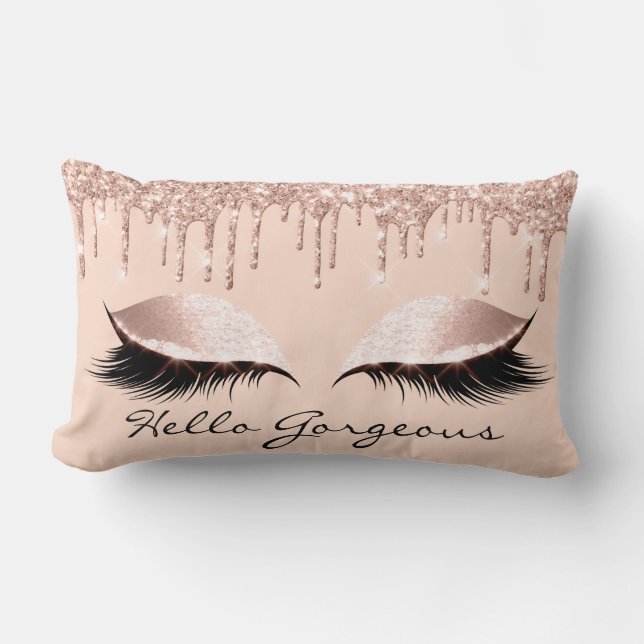 Pink Rose Gold Drips Makeup Lashes Hello Gorgeous Lumbar Cushion (Front)