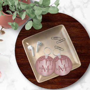 Pink Rose Gold Faux Glitter Drips Monogram Key Ring
