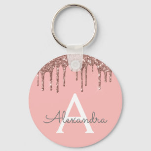 Pink Rose Gold Faux Sparkly Glitter Monogram Key Ring