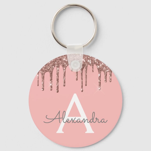 Pink Rose Gold Faux Sparkly Glitter Monogram Key Ring (Front)