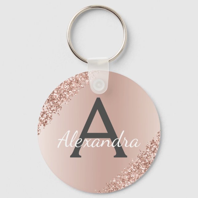 Pink Rose Gold Faux Stainless Steel Monogram Key Ring (Front)