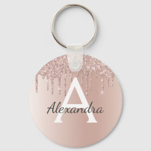Pink Rose Gold Faux Stainless Steel Monogram Key Ring