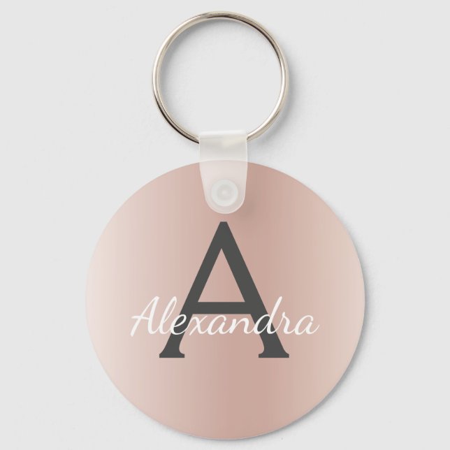 Pink Rose Gold Faux Stainless Steel Monogram Key Ring (Front)