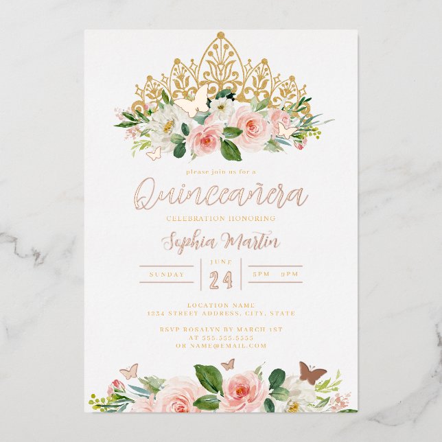 Pink Rose Gold Floral Butterfly Tiara Quinceanera  (Front)