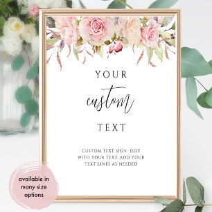 Pink, Rose Gold Floral Custom Text Wedding Sign 