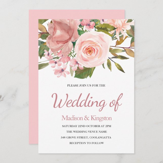 Pink & Rose Gold Floral Elegant Wedding Invite (Front/Back)