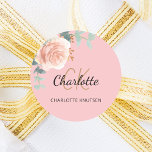 Pink rose gold floral eucalyptus thank you classic round sticker<br><div class="desc">A stylish pink background. Decorated with green watercolored rose gold and blush pink floral,  rose,  eucalyptus leaves,  sprigs,  greenery,  faux gold leaves.  Personalise and add your first name,  monogram initials and full name. Perfect for birthday favours,  a bridal shower or baby shower.</div>