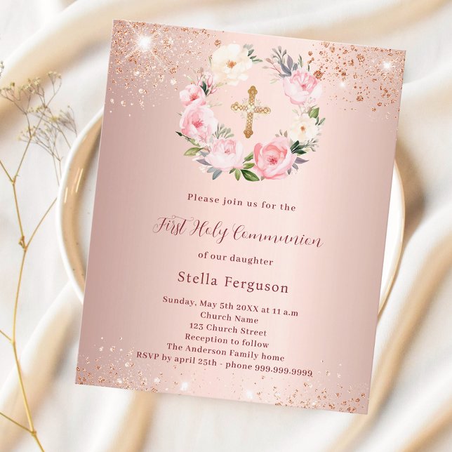 Pink rose gold floral First Communion invitation (Creator Uploaded)