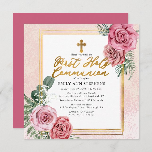 Pink Rose |Gold Floral Frame First Holy Communion Invitation (Front/Back)