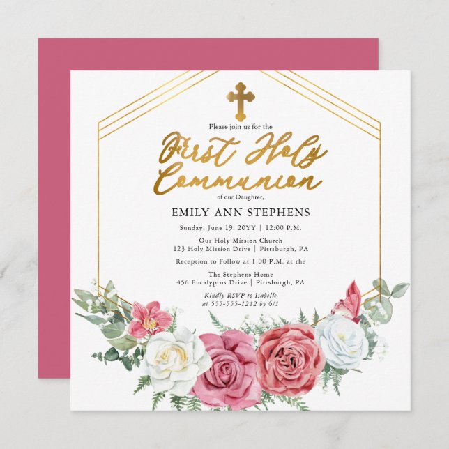 Pink Rose | Gold Floral Frame First Holy Communion Invitation (Front/Back)