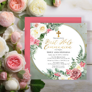 Pink Rose   Gold Floral Frame First Holy Communion Invitation